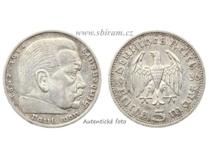 Německo, Ag (stříbrná) mince 5 RM, 1936 E, Hindenburg...viz autentické foto