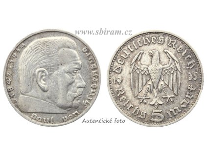 Německo, Ag (stříbrná) mince 5 RM, 1935 D, Hindenburg...viz autentické foto