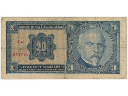 ČSR, 20 Kč, 1926, série Ce, neperforovaná, oběhový stav