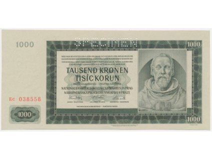 Protektorát, 1000 K, 1942, série Ec, perforace SPECIMEN, stav UNC