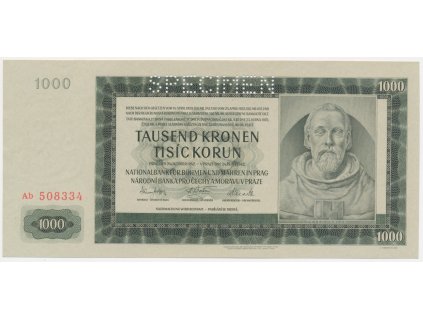 Protektorát, 1000 K, 1942, série Ab, perforace SPECIMEN, stav UNC