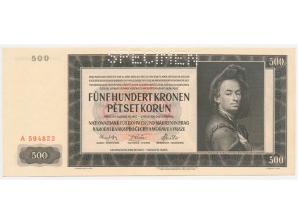 Protektorát, 500 K, 1942, série A, perforace SPECIMEN, stav UNC