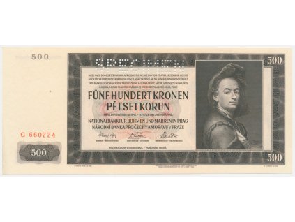 Protektorát, 500 K, 1942, série G, perforace SPECIMEN, stav UNC