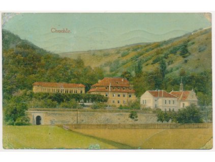 49 - Praha, Malá Chuchle, pohled na lázeňské domy, 1912, vada - lom
