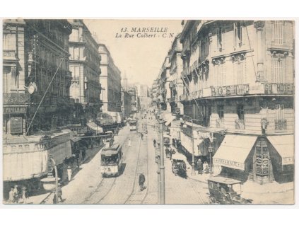 Francie, Marseille, Le Rue Colbert, tramvaj, oživená ulice, cca 1913