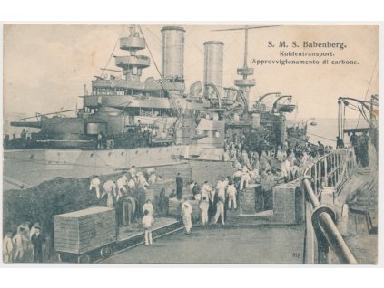 S. M. S. Babenberg, nakládání uhlí na bitevní loď, cca 1908