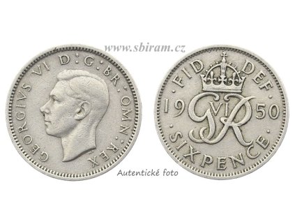 Velká Británie, mince 6 Pence, 1950...viz autentické foto