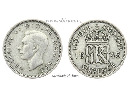 Velká Británie, Ag (stříbrná) mince 6 Pence, 1945...viz autentické foto