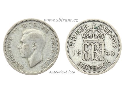 Velká Británie, Ag (stříbrná) mince 6 Pence, 1943...viz autentické foto