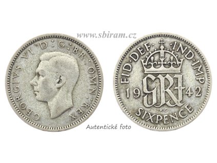 Velká Británie, Ag (stříbrná) mince 6 Pence, 1942...viz autentické foto