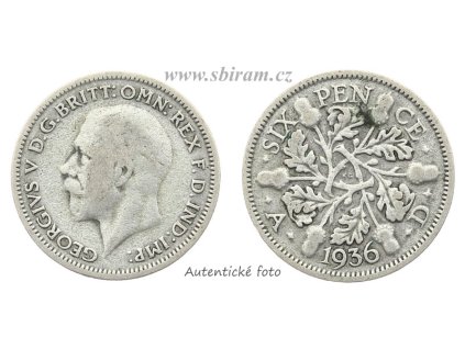 Velká Británie, Ag (stříbrná) mince 6 Pence, 1936...viz autentické foto