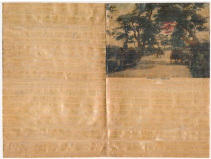 Japonsko, původní dopisní papír o dvou listech s barevným přítiskem, obálka s identickým barevným přítiskem přiložena (!!), okolo roku 1908