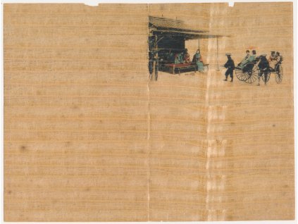 Japonsko, původní dopisní papír o dvou listech s barevným přítiskem, obálka s identickým barevným přítiskem přiložena (!!), okolo roku 1908