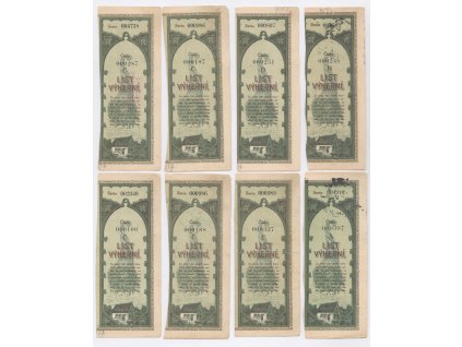 ČSR, sestava 8-mi kusů kupónů z Výherních listů, 1921