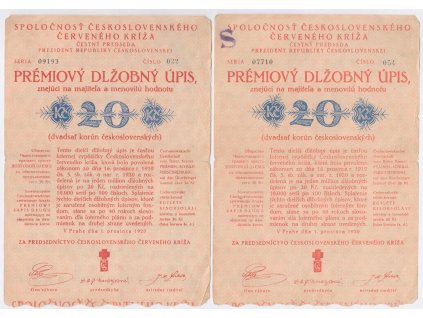ČSR, Premiový dlužní úpis Československého červeného kříže, 2 ks, 1920