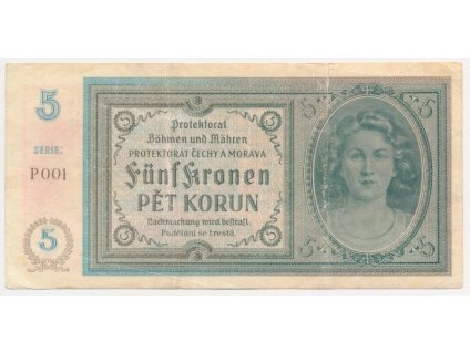 Protektorát, 5 K, bez data (1940), série P, neperforovaná, oběhový stav