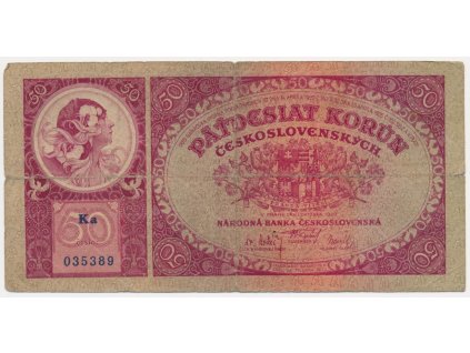 ČSR, 50 Kčs, 1929, série Ka, neperforovaná, oběhový stav