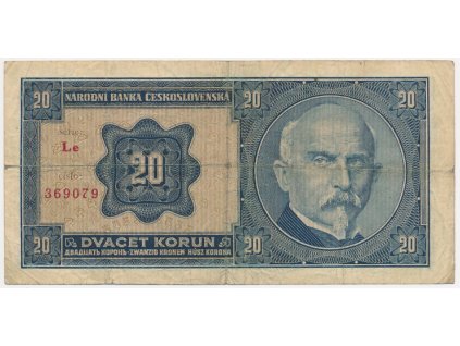 ČSR, 20 Kč, 1926, série Le, neperforovaná, oběhový stav