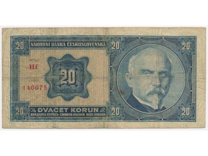 ČSR, 20 Kč, 1926, série Hf, neperforovaná, oběhový stav