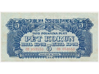 ČSR, 5 Kč, 1944, poukázka, série OB, perforace SPECIMEN, stav 0