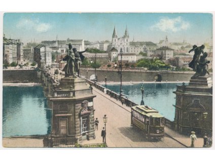 49 - Praha, Smíchov, Palackého most, lidé, tramvaj..., cca 1914