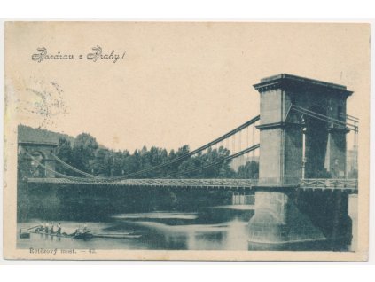 49 - Praha, Řetězový most, oživená partie na řece, prošlá poštou 1898