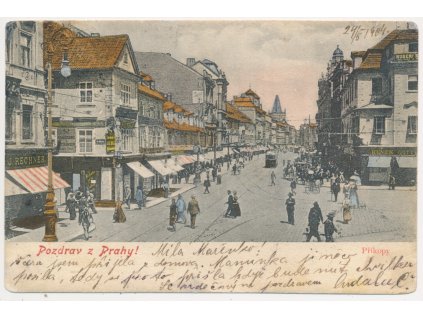 49 - Praha, Příkopy, oživená ulice s tramvají, cca 1904