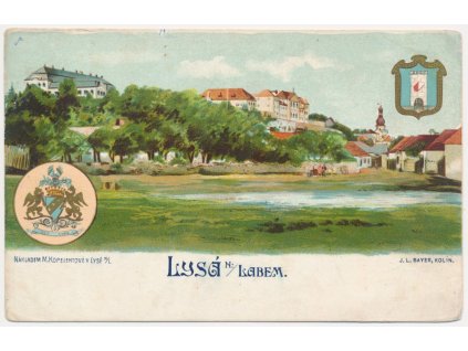 40 - Nymbursko, Lysá nad Labem, erbová litografie s pohledem na město, cca 1900