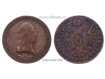 František II. (1792 - 1835), mince 6 Krejcar, 1800 B, slušná oběhová jakost