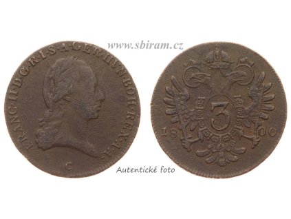 František II. (1768 - 1835), mince 3 Krejcar, 1800 C, stav 2/2