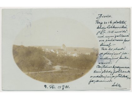 34 - Lounsko, Divice, okénková koláž s pohledem na vesnici, cca 1901