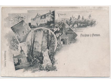 34 - Lounsko, Peruc, 6-ti záběrová koláž dominant městyse, cca 1919