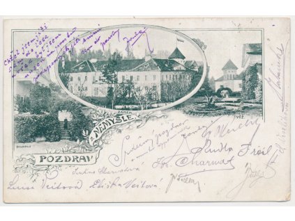 64 - Táborsko, Nemyšl, 3 záběrová koláž, zámek, divadlo, věž, cca 1904