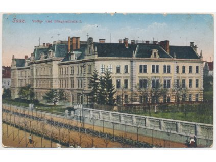 34 - Lounsko, Žatec, Školy, Volks und Bürgerschule, cca 1909