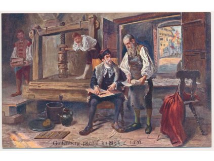 Guttenberg počíná knihtisk r. 1420, cca 1930