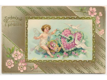 Srdečné přání, zlacená koláž s andělíčkem, cca 1912