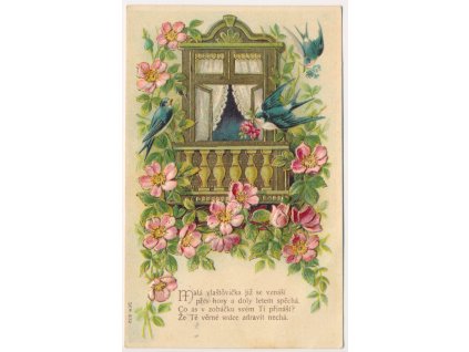 Reliéfní zlacená koláž s vlaštovkami u okna, cca 1900