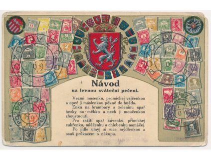 Známkomluva, koláž, Návod na levnou sváteční pečeni, cca 1909