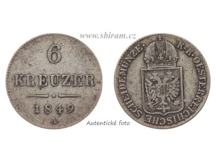 Rakousko - Uhersko, Ag (stříbrná) mince 6 Kreuzer, 1849 A, stav 1/1