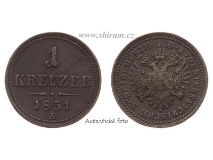Rakousko - Uhersko, mince 1 Kreuzer, 1851 A, stav -1/1-
