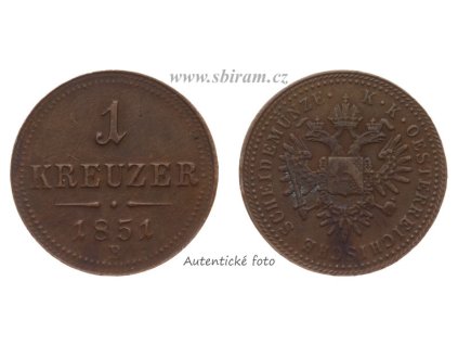 Rakousko - Uhersko, mince 1 Kreuzer, 1851 B, stav -1/1-