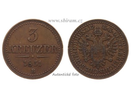 Rakousko - Uhersko, mince 3 Kreuzer, 1851 B, stav 1/1