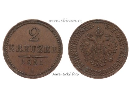 Rakousko - Uhersko, mince 2 Kreuzer, 1851 A, stav 1/1