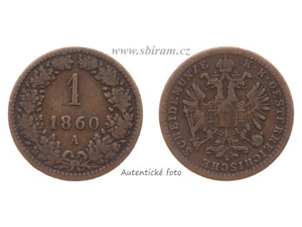 Rakousko - Uhersko, mince 1 Krejcar, 1860 A, stav 1/1
