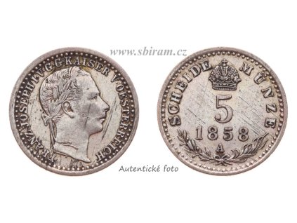 Rakousko - Uhersko, Ag (stříbrná) mince 5 Krejcar, 1858 A, vlasové rysky, stav 1/1