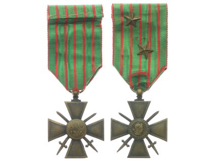Francie, AE medaile Válečný kříž 1914/1918 s meči, bronz, stuha se dvěma hvězdami, stav 1/1/1