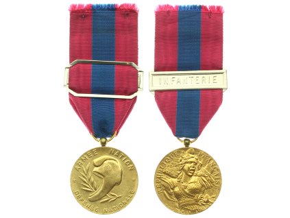Francie, AE pamětní medaile Národní obrana - I. stupeň, stuha se štítkem Infanterie, stav 1/1/1