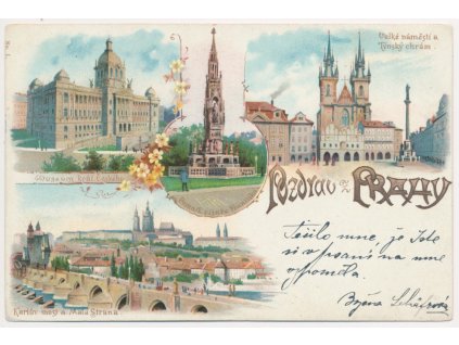 49 - Praha, 4 záběrová litografie s dominantami hlavního města, 1899