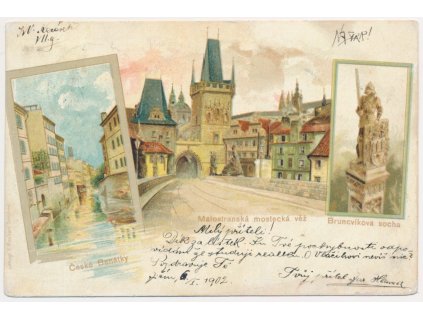 49 - Praha, 3 záběrová litografie, Bruncvíkova socha, České Benátky..., 1902