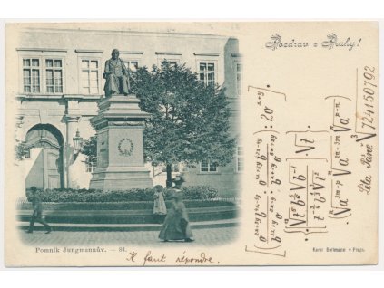 49 - Praha, Jungmannův pomník, foto K. Bellmann, prošlá poštou 1899